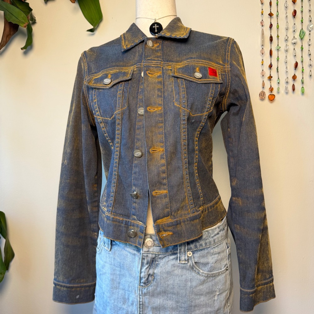 Bongo Y2K Distressed Faded Denim Jacket Mcbling Indie Grunge Blue Yellow Small